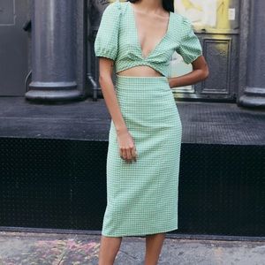 Zara Green And White Check Midi Dress